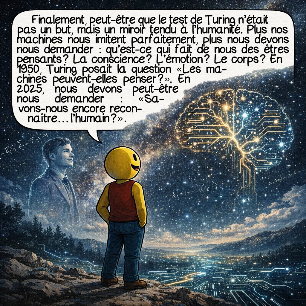 Le test de Turing, case 10 : Finalement, peut-être que le test de Turing n’était pas un but, mais un miroir tendu à l’humanité. Plus nos machines nous imitent parfaitement, plus nous devons nous demander : qu’est-ce qui fait de nous des êtres pensants ? La conscience ? L’émotion ? Le corps ? En 1950, Turing posait la question « Les machines peuvent-elles penser ? ». En 2025, nous devons peut-être nous demander : « Savons-nous encore reconnaître… l’humain ? »