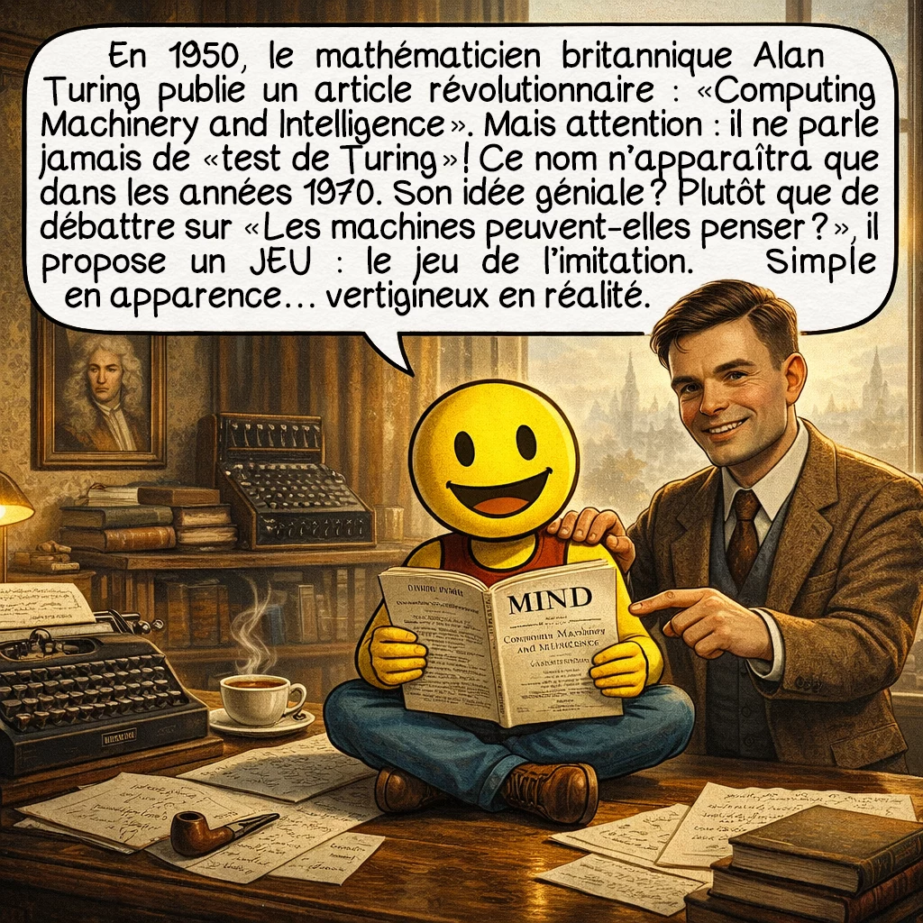 Le test de Turing, case 2 : En 1950, le mathématicien britannique Alan Turing publie un article révolutionnaire : « Computing Machinery and Intelligence ». Mais attention : il ne parle jamais de « test de Turing » ! Ce nom n’apparaîtra que dans les années 1970. Son idée géniale ? Plutôt que de débattre sur « Les machines peuvent-elles penser ? », il propose un JEU : le jeu de l’imitation. Simple en apparence… vertigineux en réalité.