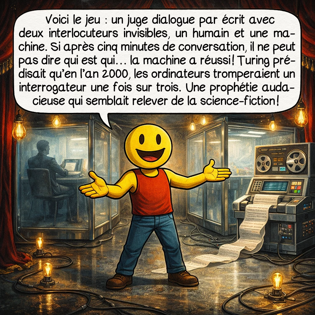 Le test de Turing, case 3 : Voici le jeu : un juge dialogue par écrit avec deux interlocuteurs invisibles, un humain et une machine. Si après cinq minutes de conversation, il ne peut pas dire qui est qui… la machine a réussi ! Turing prédisait qu’en l’an 2000, les ordinateurs tromperaient un interrogateur une fois sur trois. Une prophétie audacieuse qui semblait relever de la science-fiction !