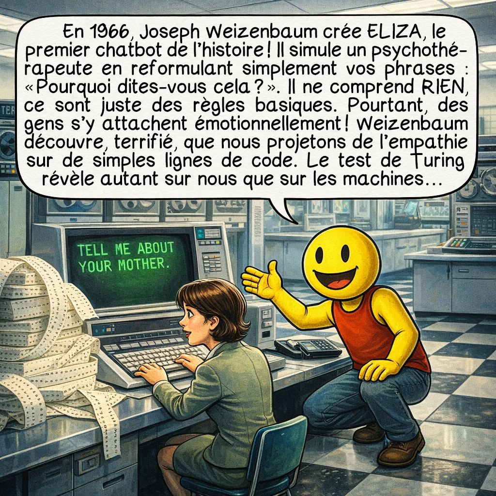 Le test de Turing, case 4 : En 1966, Joseph Weizenbaum crée ELIZA, le premier chatbot de l’histoire ! Il simule un psychothérapeute en reformulant simplement vos phrases : « Pourquoi dites-vous cela ? » Il ne comprend RIEN, ce sont juste des règles basiques. Pourtant, des gens s’y attachent émotionnellement ! Weizenbaum découvre, terrifié, que nous projetons de l’empathie sur de simples lignes de code. Le test de Turing révèle autant sur nous que sur les machines…