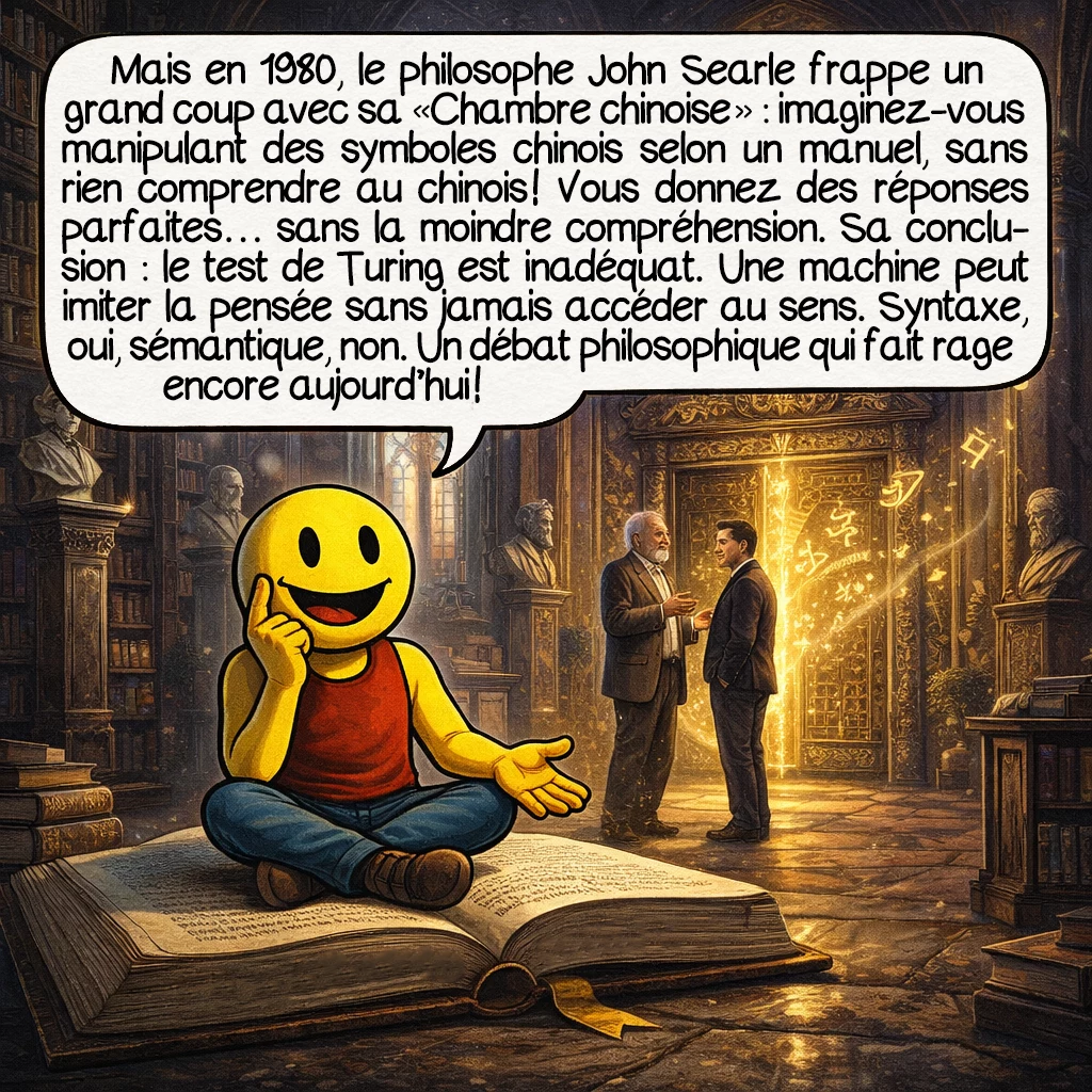 Le test de Turing, case 5 : Mais en 1980, le philosophe John Searle frappe un grand coup avec sa « Chambre chinoise » : imaginez-vous manipulant des symboles chinois selon un manuel, sans rien comprendre au chinois ! Vous donnez des réponses parfaites… sans la moindre compréhension. Sa conclusion : le test de Turing est inadéquat. Une machine peut imiter la pensée sans jamais accéder au sens. Syntaxe, oui, sémantique, non. Un débat philosophique qui fait rage encore aujourd’hui !