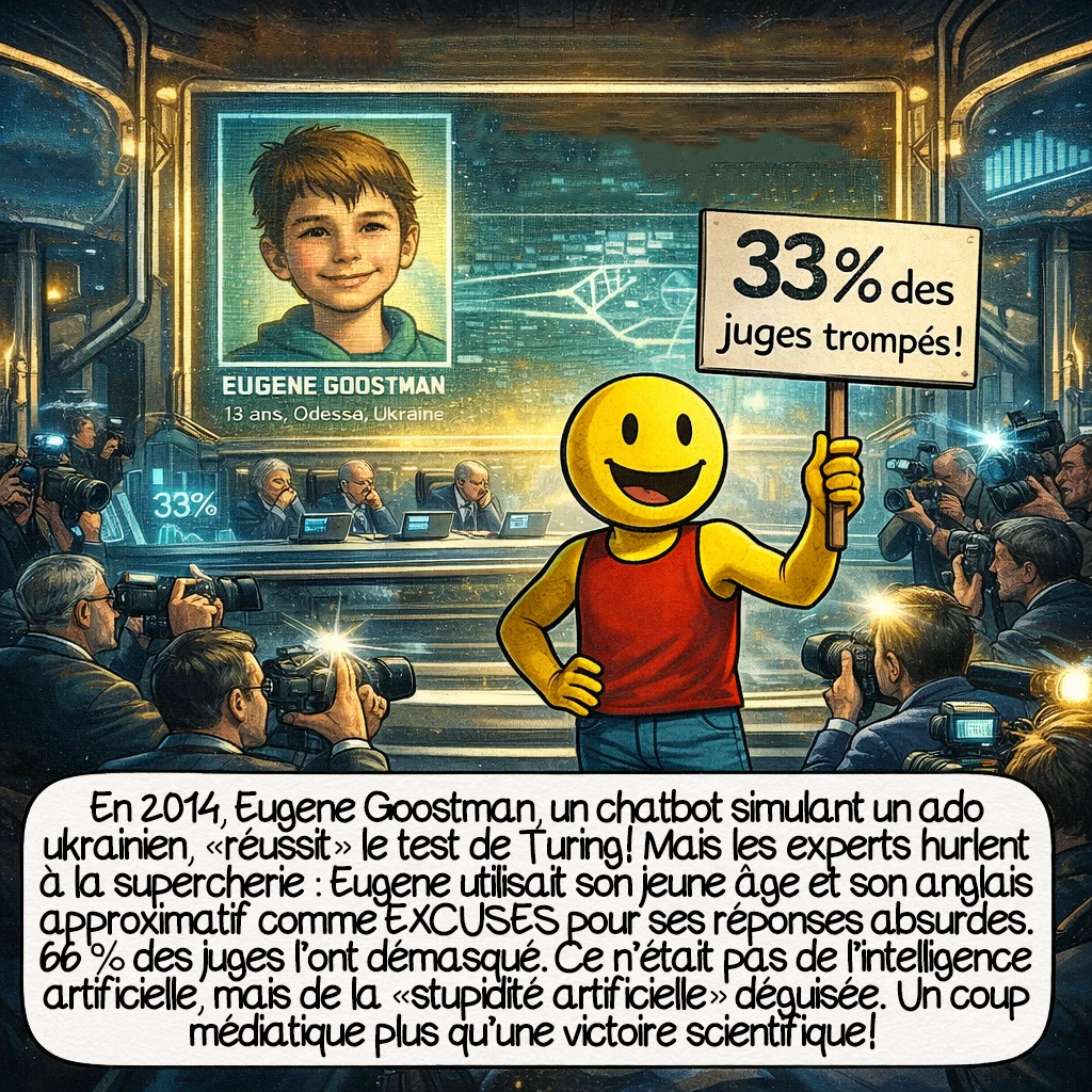 Le test de Turing, case 6 : En 2014, l’annonce choque le monde : Eugene Goostman, un chatbot simulant un ado ukrainien, « réussit » le test de Turing ! Mais les experts hurlent à la supercherie : Eugene utilisait son jeune âge et son anglais approximatif comme EXCUSES pour ses réponses absurdes. 66 % des juges l’ont démasqué. Ce n’était pas de l’intelligence artificielle, mais de la « stupidité artificielle » déguisée. Un coup médiatique plus qu’une victoire scientifique !