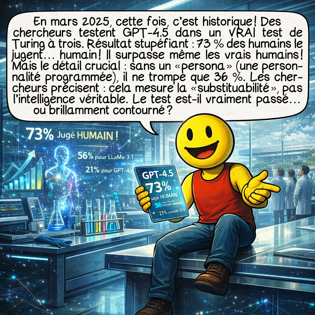 Le test de Turing, case 7 : En mars 2025, cette fois, c’est historique ! Des chercheurs testent GPT-4.5 dans un VRAI test de Turing à trois. Résultat stupéfiant : 73 % des humains le jugent… humain ! Il surpasse même les vrais humains ! Mais le détail crucial : sans un « persona » (une personnalité programmée), il ne trompe que 36 %. Les chercheurs précisent : cela mesure la « substituabilité », pas l’intelligence véritable. Le test est-il vraiment passé… ou brillamment contourné ?