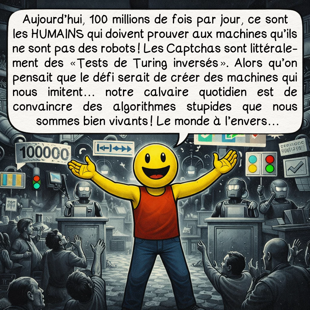 Le test de Turing, case 8 : Aujourd’hui, 100 millions de fois par jour, ce sont les HUMAINS qui doivent prouver aux machines qu’ils ne sont pas des robots ! Les Captchas sont littéralement des « Tests de Turing inversés ». Alors qu’on pensait que le défi serait de créer des machines qui nous imitent… notre calvaire quotidien est de convaincre des algorithmes stupides que nous sommes bien vivants ! Le monde à l’envers…