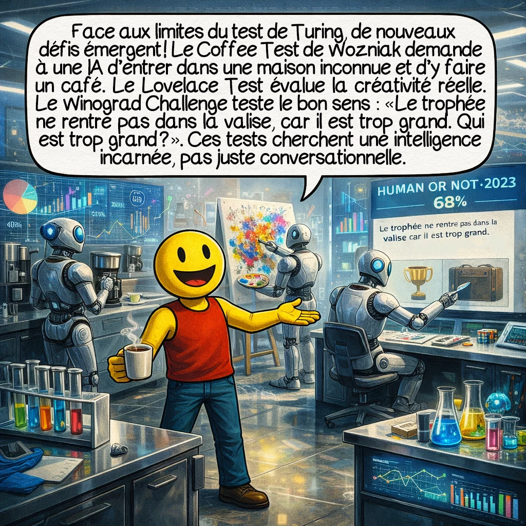 Le test de Turing, case 9 : Face aux limites du test de Turing, de nouveaux défis émergent ! Le Coffee Test de Wozniak demande à une IA d’entrer dans une maison inconnue et d’y faire un café. Le Lovelace Test évalue la créativité réelle. Le Winograd Challenge teste le bon sens : « Le trophée ne rentre pas dans la valise, car il est trop grand. Qui est trop grand ? ». Ces tests cherchent une intelligence incarnée, pas juste conversationnelle.