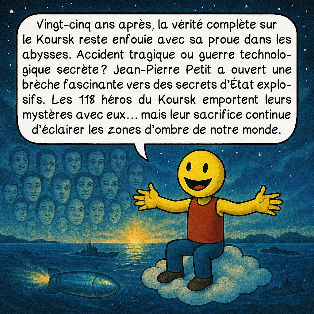 Le naufrage du Koursk, case 10 : Vingt-cinq ans après, la vérité complète sur le Koursk reste enfouie avec sa proue dans les abysses. Accident tragique ou guerre technologique secrète ? Jean-Pierre Petit a ouvert une brèche fascinante vers des secrets d’État explosifs. Les 118 héros du Koursk emportent leurs mystères avec eux… mais leur sacrifice continue d’éclairer les zones d’ombre de notre monde.