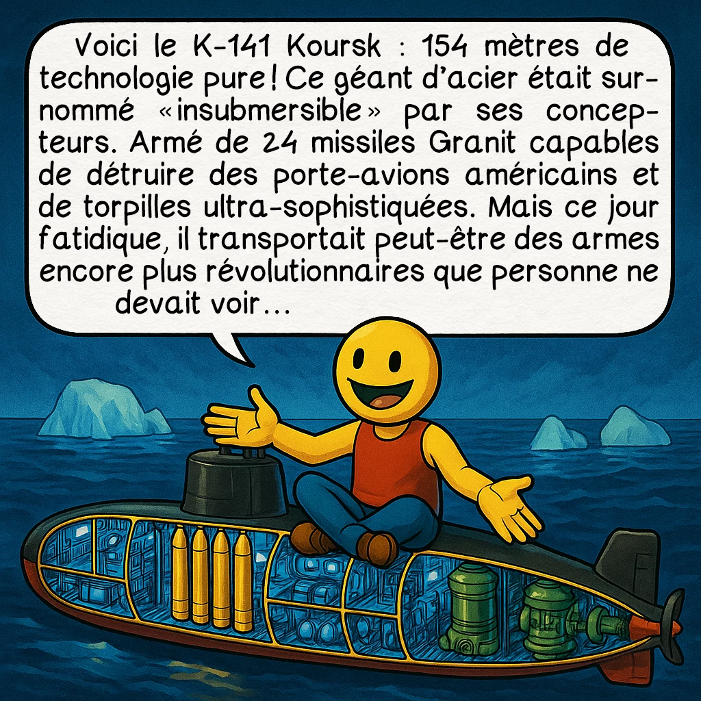 Le naufrage du Koursk, case 2 : Voici le K-141 Koursk : 154 mètres de technologie pure ! Ce géant d’acier était surnommé « insubmersible » par ses concepteurs. Armé de 24 missiles Granit capables de détruire des porte-avions américains et de torpilles ultra-sophistiquées. Mais ce jour fatidique, il transportait peut-être des armes encore plus révolutionnaires que personne ne devait voir…