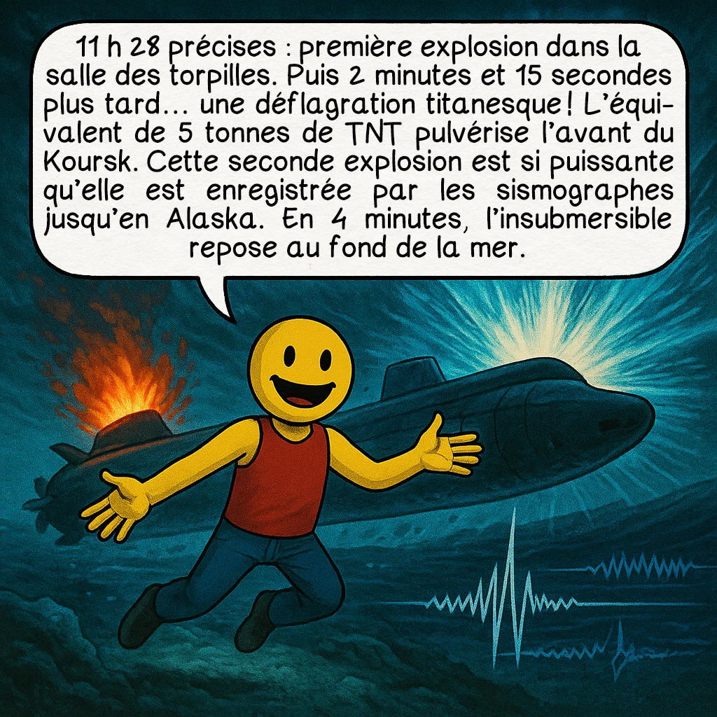 Le naufrage du Koursk, case 3 : 11 h 28 précises : première explosion dans la salle des torpilles. Puis 2 minutes et 15 secondes plus tard… une déflagration titanesque ! L’équivalent de 5 tonnes de TNT pulvérise l’avant du Koursk. Cette seconde explosion est si puissante qu’elle est enregistrée par les sismographes jusqu’en Alaska. En 4 minutes, l’insubmersible repose au fond de la mer.