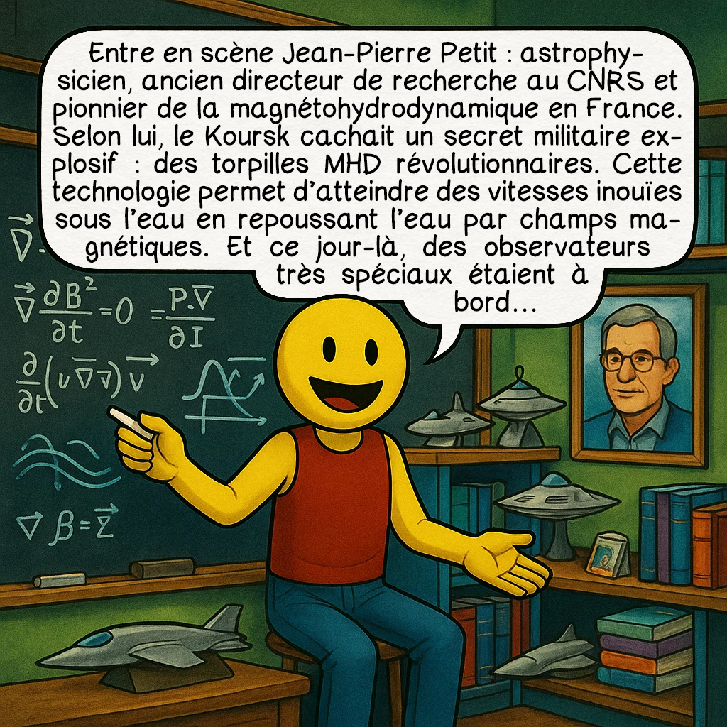 Le naufrage du Koursk, case 5 : Entre en scène Jean-Pierre Petit : astrophysicien, ancien directeur de recherche au CNRS et pionnier de la magnétohydrodynamique en France. Selon lui, le Koursk cachait un secret militaire explosif : des torpilles MHD révolutionnaires. Cette technologie permet d’atteindre des vitesses inouïes sous l’eau en repoussant l’eau par champs magnétiques. Et ce jour-là, des observateurs très spéciaux étaient à bord…