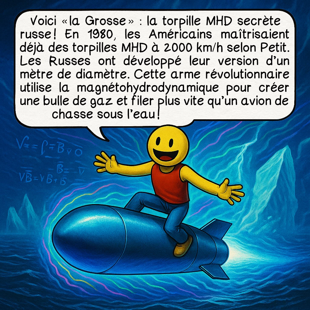 Le naufrage du Koursk, case 6 : Voici « la Grosse » : la torpille MHD secrète russe ! En 1980, les Américains maîtrisaient déjà des torpilles MHD à 2000 km/h selon Petit. Les Russes ont développé leur version d’un mètre de diamètre. Cette arme révolutionnaire utilise la magnétohydrodynamique pour créer une bulle de gaz et filer plus vite qu’un avion de chasse sous l’eau !