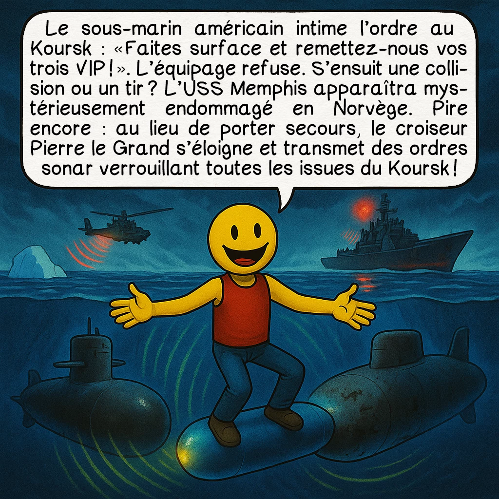 Le naufrage du Koursk, case 8 : Le sous-marin américain intime l’ordre au Koursk : « Faites surface et remettez-nous vos trois VIP ! » L’équipage refuse. S’ensuit une collision ou un tir ? L’USS Memphis apparaîtra mystérieusement endommagé en Norvège. Pire encore : au lieu de porter secours, le croiseur Pierre le Grand s’éloigne et transmet des ordres sonar verrouillant toutes les issues du Koursk !