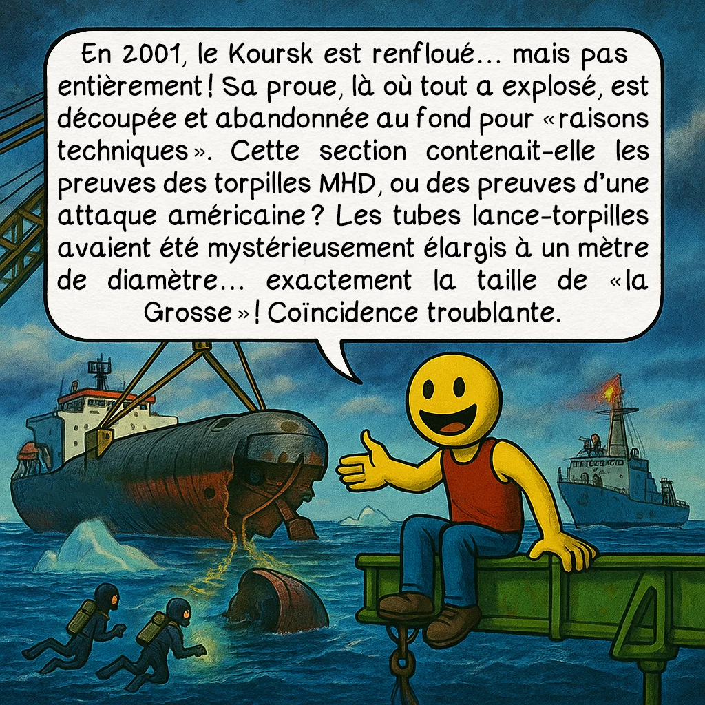 Le naufrage du Koursk, case 9 : En 2001, le Koursk est renfloué… mais pas entièrement ! Sa proue, là où tout a explosé, est découpée et abandonnée au fond pour « raisons techniques ». Cette section contenait-elle les preuves des torpilles MHD, ou des preuves d’une attaque américaine ? Les tubes lance-torpilles avaient été mystérieusement élargis à un mètre de diamètre… exactement la taille de « la Grosse » ! Coïncidence troublante.