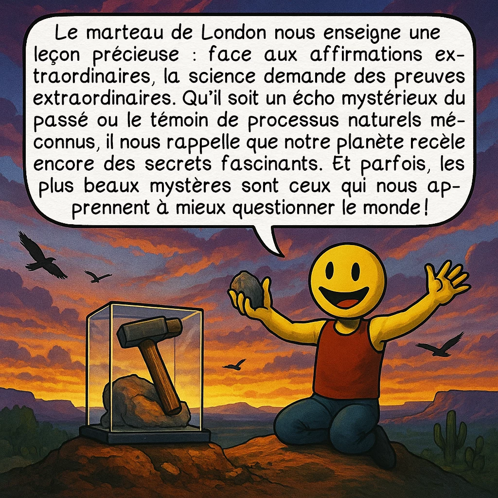 Le marteau de London, case 10 : Le marteau de London nous enseigne une leçon précieuse : face aux affirmations extraordinaires, la science demande des preuves extraordinaires. Qu’il soit un écho mystérieux du passé ou le témoin de processus naturels méconnus, il nous rappelle que notre planète recèle encore des secrets fascinants. Et parfois, les plus beaux mystères sont ceux qui nous apprennent à mieux questionner le monde !