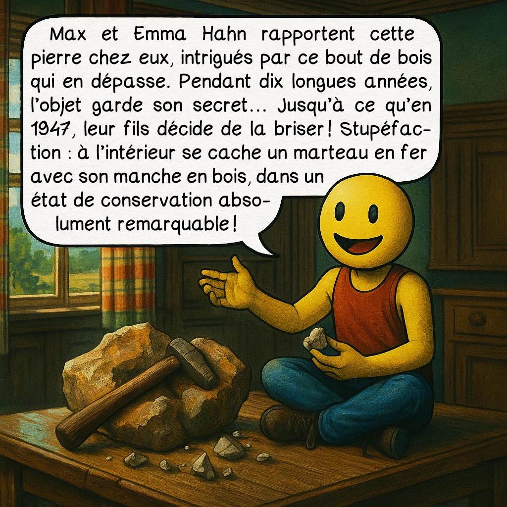 Le marteau de London, case 2 : Max et Emma Hahn rapportent cette pierre chez eux, intrigués par ce bout de bois qui en dépasse. Pendant dix longues années, l’objet garde son secret… Jusqu’à ce qu’en 1947, leur fils décide de la briser ! Stupéfaction : à l’intérieur se cache un marteau en fer avec son manche en bois, dans un état de conservation absolument remarquable !