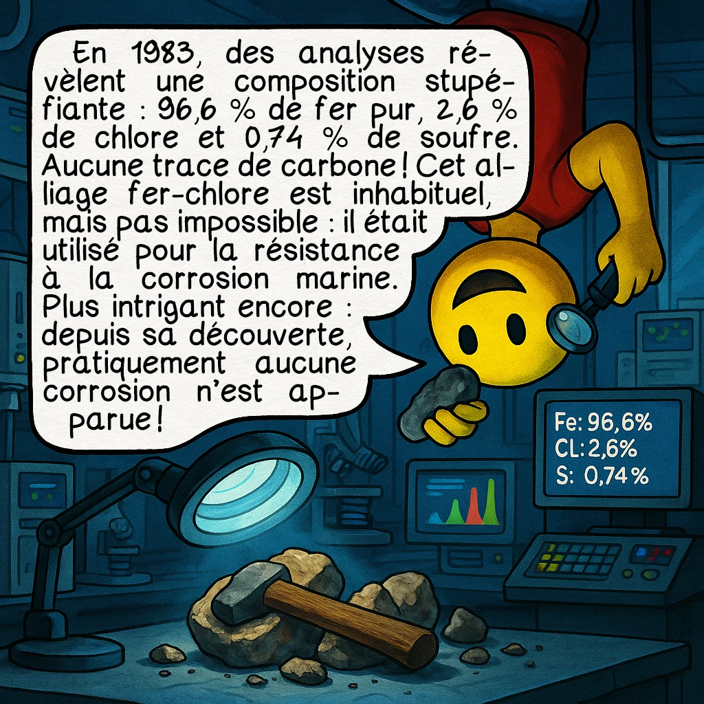 Le marteau de London, case 4 : En 1983, des analyses révèlent une composition stupéfiante : 96,6 % de fer pur, 2,6 % de chlore et 0,74 % de soufre. Aucune trace de carbone ! Cet alliage fer-chlore est inhabituel, mais pas impossible : il était utilisé pour la résistance à la corrosion marine. Plus intrigant encore : depuis sa découverte, pratiquement aucune corrosion n’est apparue !