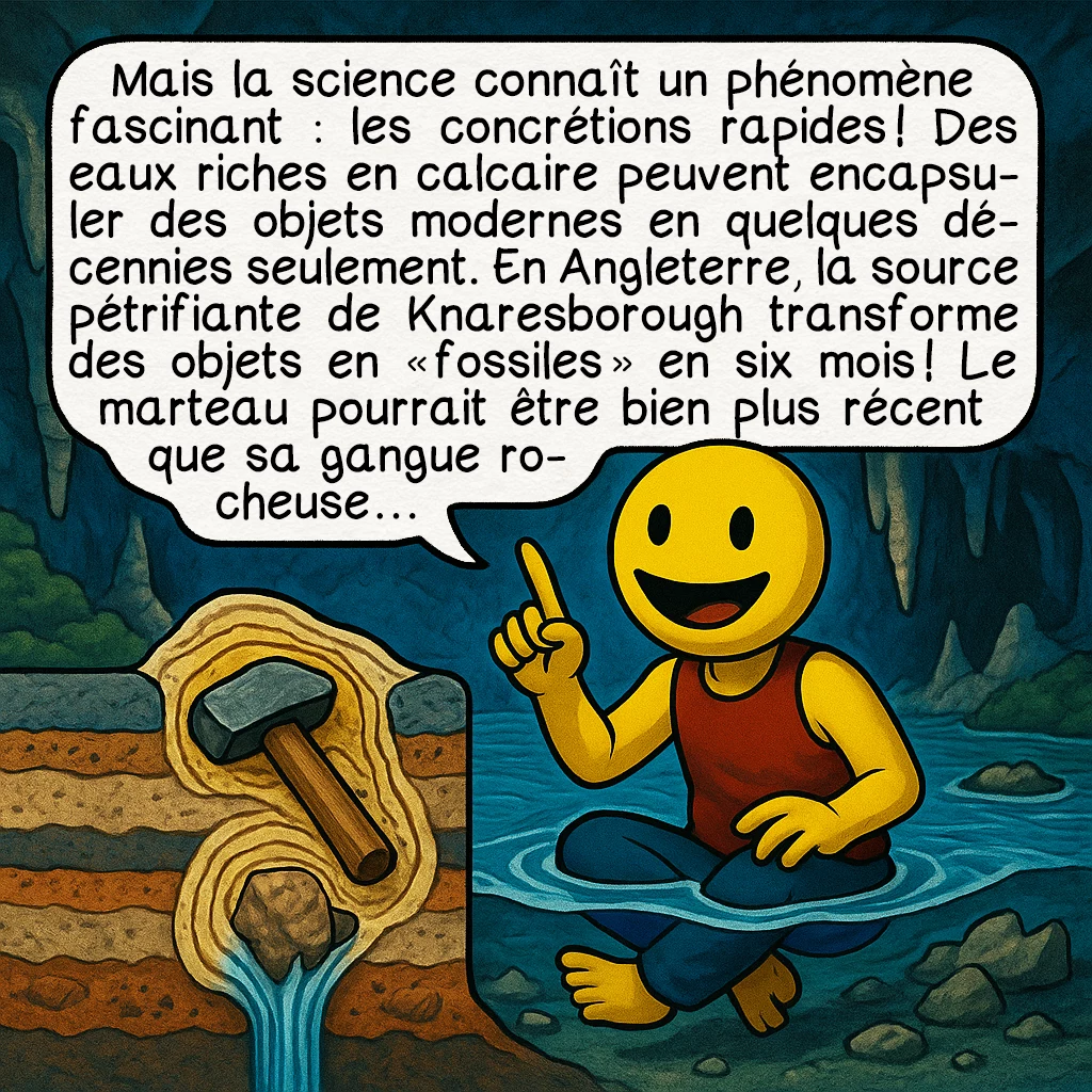 Le marteau de London, case 5 : Mais la science connaît un phénomène fascinant : les concrétions rapides ! Des eaux riches en calcaire peuvent encapsuler des objets modernes en quelques décennies seulement. En Angleterre, la source pétrifiante de Knaresborough transforme des objets en « fossiles » en six mois ! Le marteau pourrait être bien plus récent que sa gangue rocheuse…