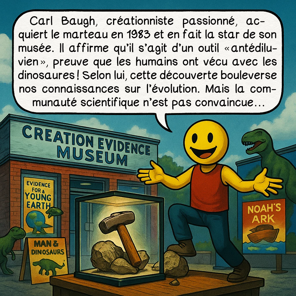 Le marteau de London, case 6 : Carl Baugh, créationniste passionné, acquiert le marteau en 1983 et en fait la star de son musée. Il affirme qu’il s’agit d’un outil « antédiluvien », preuve que les humains ont vécu avec les dinosaures ! Selon lui, cette découverte bouleverse nos connaissances sur l’évolution. Mais la communauté scientifique n’est pas convaincue…