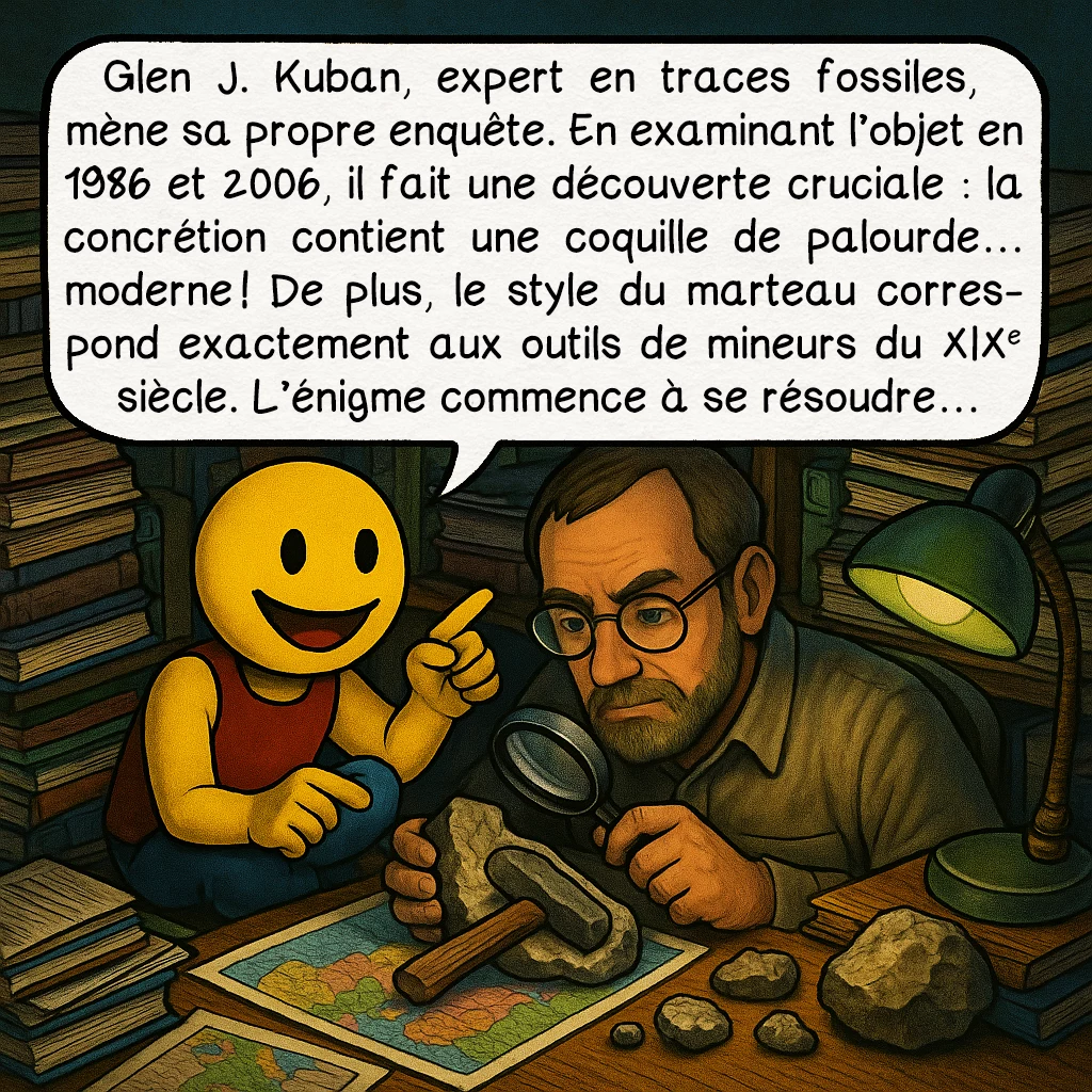 Le marteau de London, case 7 : Glen J. Kuban, expert en traces fossiles, mène sa propre enquête. En examinant l’objet en 1986 et 2006, il fait une découverte cruciale : la concrétion contient une coquille de palourde… moderne ! De plus, le style du marteau correspond exactement aux outils de mineurs du XIXe siècle. L’énigme commence à se résoudre…
