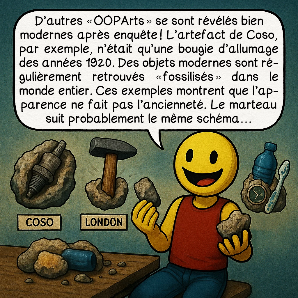 Le marteau de London, case 8 : D’autres « OOPArts » se sont révélés bien modernes après enquête ! L’artefact de Coso, par exemple, n’était qu’une bougie d’allumage des années 1920. Des objets modernes sont régulièrement retrouvés « fossilisés » dans le monde entier. Ces exemples montrent que l’apparence ne fait pas l’ancienneté. Le marteau suit probablement le même schéma…