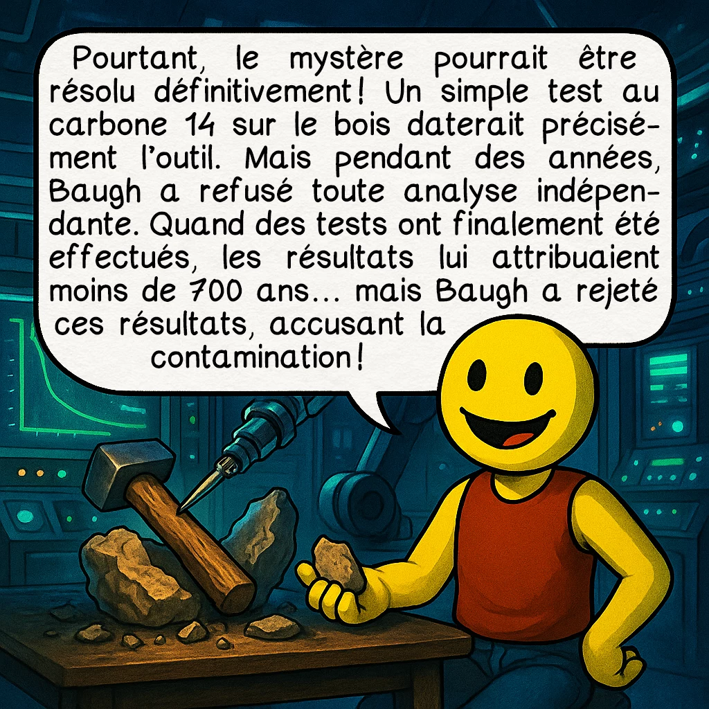 Le marteau de London, case 9 : Pourtant, le mystère pourrait être résolu définitivement ! Un simple test au carbone 14 sur le bois daterait précisément l’outil. Mais pendant des années, Baugh a refusé toute analyse indépendante. Quand des tests ont finalement été effectués, les résultats lui attribuaient moins de 700 ans… mais Baugh a rejeté ces résultats, accusant la contamination !