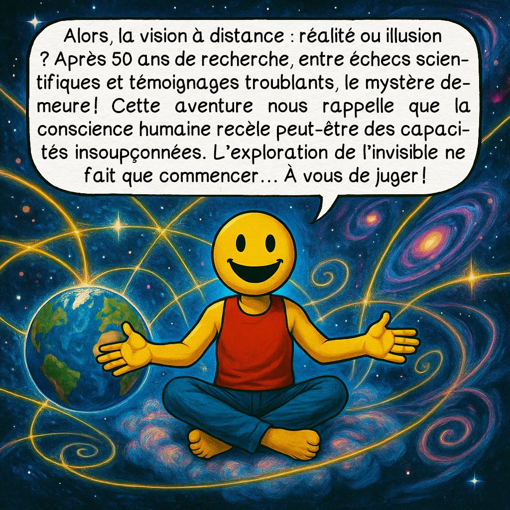 La vision à distance, case 10 : Alors, la vision à distance : réalité ou illusion ? Après 50 ans de recherche, entre échecs scientifiques et témoignages troublants, le mystère demeure ! Cette aventure nous rappelle que la conscience humaine recèle peut-être des capacités insoupçonnées. L’exploration de l’invisible ne fait que commencer… À vous de juger !