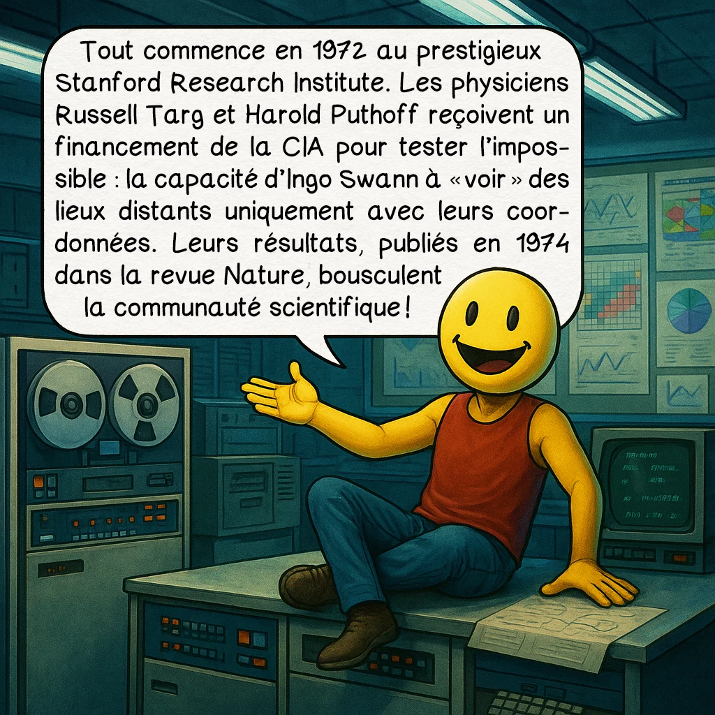 La vision à distance, case 2 : Tout commence en 1972 au prestigieux Stanford Research Institute. Les physiciens Russell Targ et Harold Puthoff reçoivent un financement de la CIA pour tester l’impossible : la capacité d’Ingo Swann à « voir » des lieux distants uniquement avec leurs coordonnées. Leurs résultats, publiés en 1974 dans la revue Nature, bousculent la communauté scientifique !