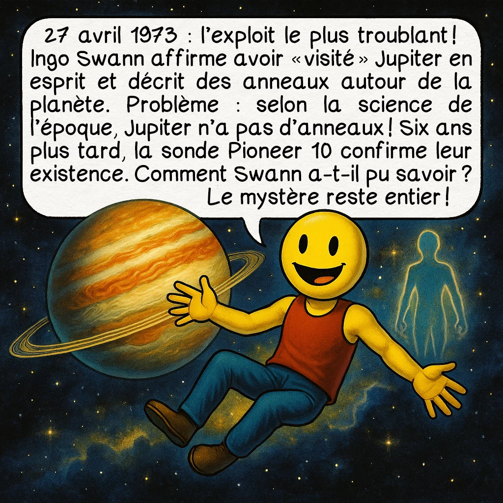 La vision à distance, case 3 : 27 avril 1973 : l’exploit le plus troublant ! Ingo Swann affirme avoir « visité » Jupiter en esprit et décrit des anneaux autour de la planète. Problème : selon la science de l’époque, Jupiter n’a pas d’anneaux ! Six ans plus tard, la sonde Pioneer 10 confirme leur existence. Comment Swann a-t-il pu savoir ? Le mystère reste entier !