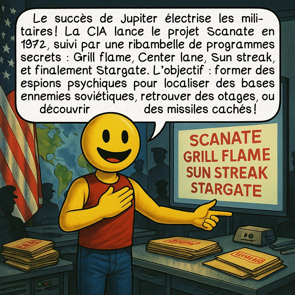 La vision à distance, case 4 : Le succès de Jupiter électrise les militaires ! La CIA lance le projet Scanate en 1972, suivi par une ribambelle de programmes secrets : Grill flame, Center lane, Sun streak, et finalement Stargate. L’objectif : former des espions psychiques pour localiser des bases ennemies soviétiques, retrouver des otages, ou découvrir des missiles cachés !