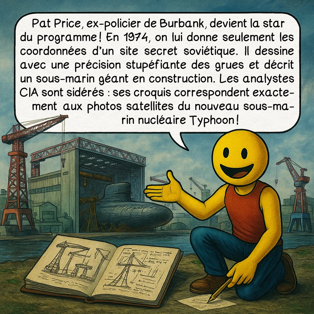 La vision à distance, case 5 : Pat Price, ex-policier de Burbank, devient la star du programme ! En 1974, on lui donne seulement les coordonnées d’un site secret soviétique. Il dessine avec une précision stupéfiante des grues et décrit un sous-marin géant en construction. Les analystes CIA sont sidérés : ses croquis correspondent exactement aux photos satellites du nouveau sous-marin nucléaire Typhoon !