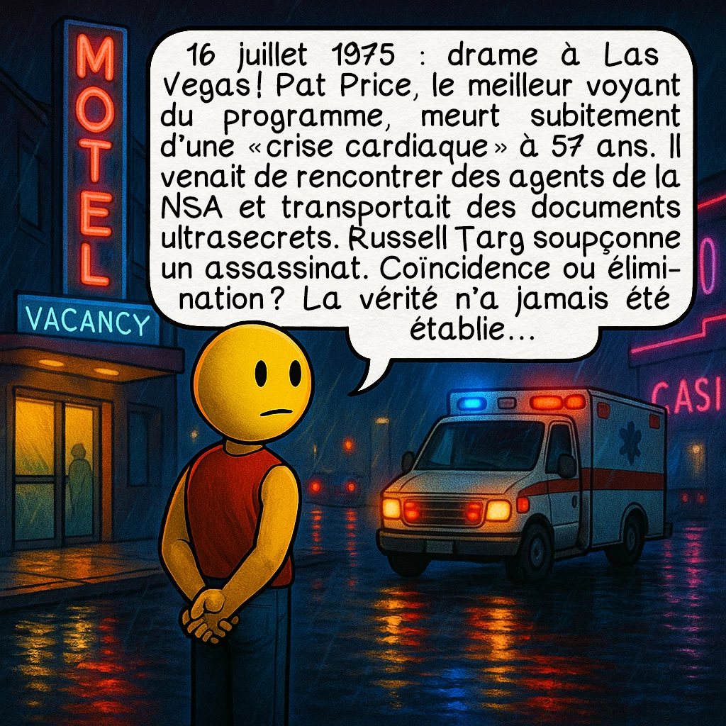 La vision à distance, case 6 : 16 juillet 1975 : drame à Las Vegas ! Pat Price, le meilleur voyant du programme, meurt subitement d’une « crise cardiaque » à 57 ans. Il venait de rencontrer des agents de la NSA et transportait des documents ultrasecrets. Russell Targ soupçonne un assassinat. Coïncidence ou élimination ? La vérité n’a jamais été établie…
