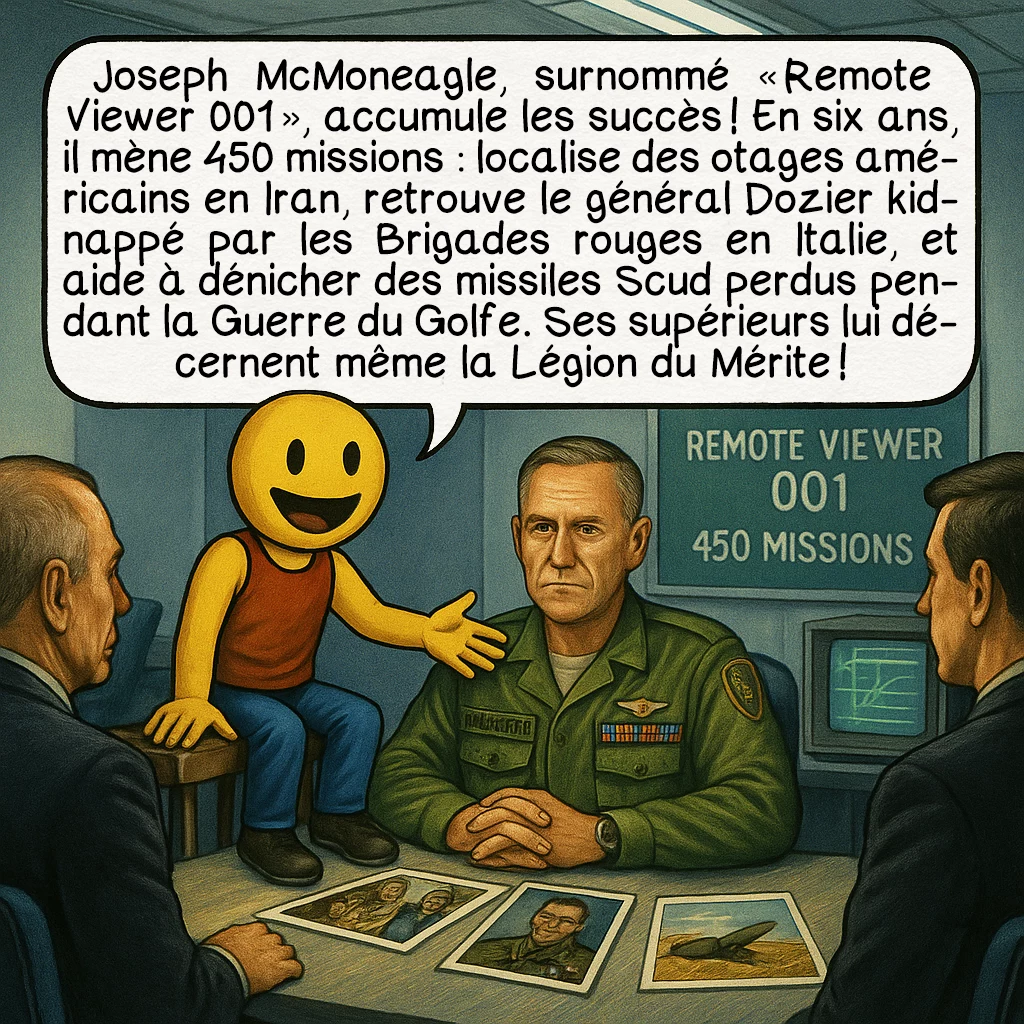 La vision à distance, case 7 : Joseph McMoneagle, surnommé « Remote Viewer 001 », accumule les succès ! En six ans, il mène 450 missions : localise des otages américains en Iran, retrouve le général Dozier kidnappé par les Brigades rouges en Italie, et aide à dénicher des missiles Scud perdus pendant la Guerre du Golfe. Ses supérieurs lui décernent même la Légion du Mérite !
