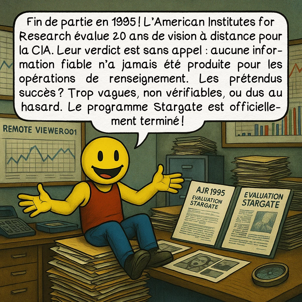 La vision à distance, case 8 : Fin de partie en 1995 ! L’American Institutes for Research évalue 20 ans de vision à distance pour la CIA. Leur verdict est sans appel : aucune information fiable n’a jamais été produite pour les opérations de renseignement. Les prétendus succès ? Trop vagues, non vérifiables, ou dus au hasard. Le programme Stargate est officiellement terminé !