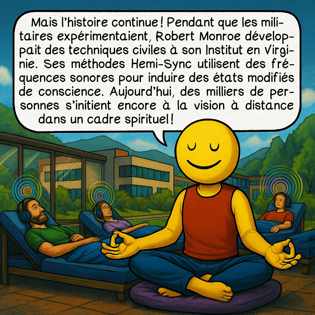 La vision à distance, case 9 : Mais l’histoire continue ! Pendant que les militaires expérimentaient, Robert Monroe développait des techniques civiles à son Institut en Virginie. Ses méthodes Hemi-Sync utilisent des fréquences sonores pour induire des états modifiés de conscience. Aujourd’hui, des milliers de personnes s’initient encore à la vision à distance dans un cadre spirituel !