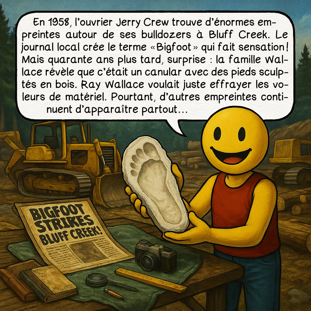 Le bigfoot, case 2 : En 1958, l’ouvrier Jerry Crew trouve d’énormes empreintes autour de ses bulldozers à Bluff Creek. Le journal local crée le terme « Bigfoot » qui fait sensation ! Mais quarante ans plus tard, surprise : la famille Wallace révèle que c’était un canular avec des pieds sculptés en bois. Ray Wallace voulait juste effrayer les voleurs de matériel. Pourtant, d’autres empreintes continuent d’apparaître partout…