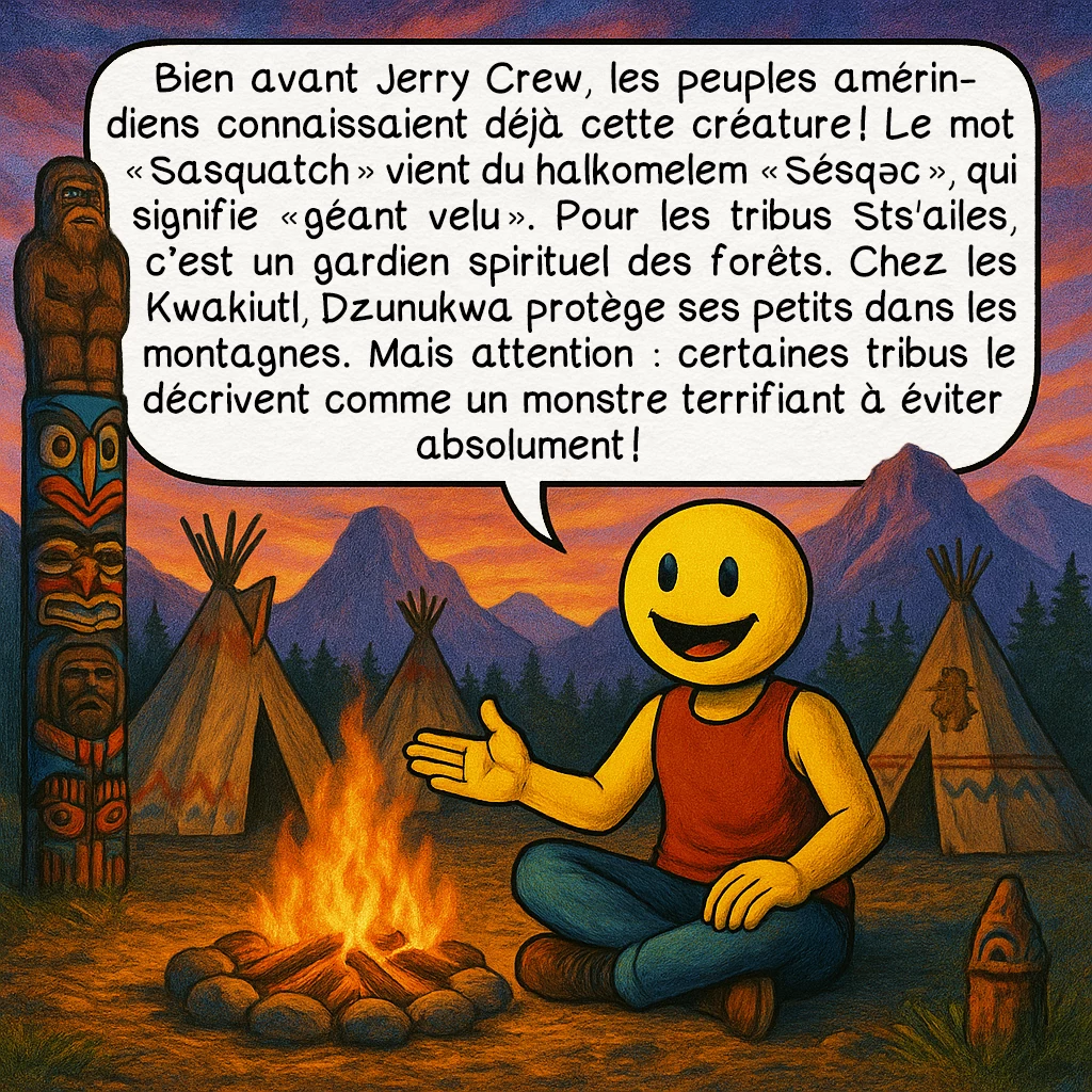 Le bigfoot, case 3 : Bien avant Jerry Crew, les peuples amérindiens connaissaient déjà cette créature ! Le mot « Sasquatch » vient du halkomelem « Sésqəc », qui signifie « géant velu ». Pour les tribus Sts'ailes, c’est un gardien spirituel des forêts. Chez les Kwakiutl, Dzunukwa protège ses petits dans les montagnes. Mais attention : certaines tribus le décrivent comme un monstre terrifiant à éviter absolument !