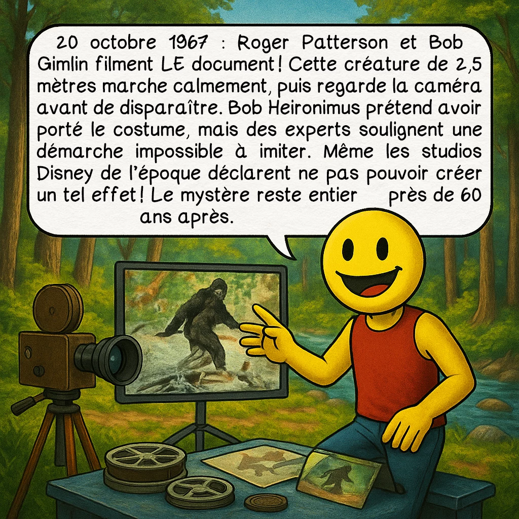 Le bigfoot, case 4 : 20 octobre 1967 : Roger Patterson et Bob Gimlin filment LE document ! Cette créature de 2,5 mètres marche calmement, puis regarde la caméra avant de disparaître. Bob Heironimus prétend avoir porté le costume, mais des experts soulignent une démarche impossible à imiter. Même les studios Disney de l’époque déclarent ne pas pouvoir créer un tel effet ! Le mystère reste entier près de 60 ans après.