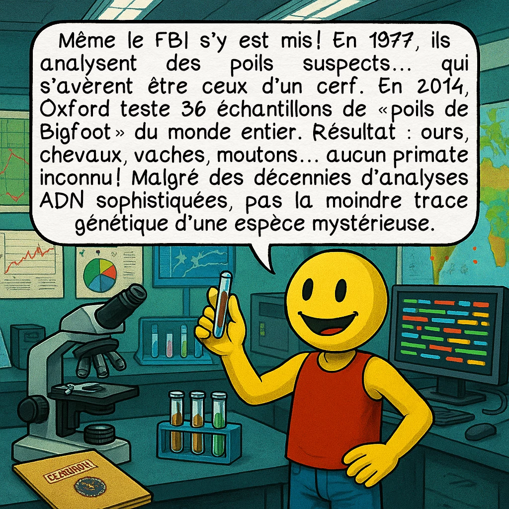 Le bigfoot, case 5 : Même le FBI s’y est mis ! En 1977, ils analysent des poils suspects… qui s’avèrent être ceux d’un cerf. En 2014, Oxford teste 36 échantillons de « poils de Bigfoot » du monde entier. Résultat : ours, chevaux, vaches, moutons… aucun primate inconnu ! Malgré des décennies d’analyses ADN sophistiquées, pas la moindre trace génétique d’une espèce mystérieuse.
