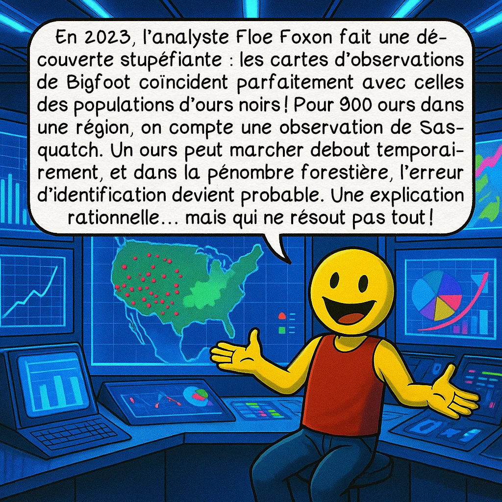 Le bigfoot, case 6 : En 2023, l’analyste Floe Foxon fait une découverte stupéfiante : les cartes d’observations de Bigfoot coïncident parfaitement avec celles des populations d’ours noirs ! Pour 900 ours dans une région, on compte une observation de Sasquatch. Un ours peut marcher debout temporairement, et dans la pénombre forestière, l’erreur d’identification devient probable. Une explication rationnelle… mais qui ne résout pas tout !