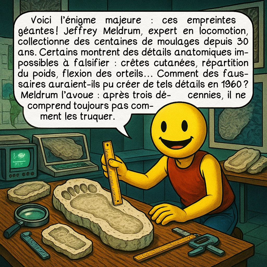 Le bigfoot, case 7 : Voici l’énigme majeure : ces empreintes géantes ! Jeffrey Meldrum, expert en locomotion, collectionne des centaines de moulages depuis 30 ans. Certains montrent des détails anatomiques impossibles à falsifier : crêtes cutanées, répartition du poids, flexion des orteils… Comment des faussaires auraient-ils pu créer de tels détails en 1960 ? Meldrum l’avoue : après trois décennies, il ne comprend toujours pas comment les truquer.