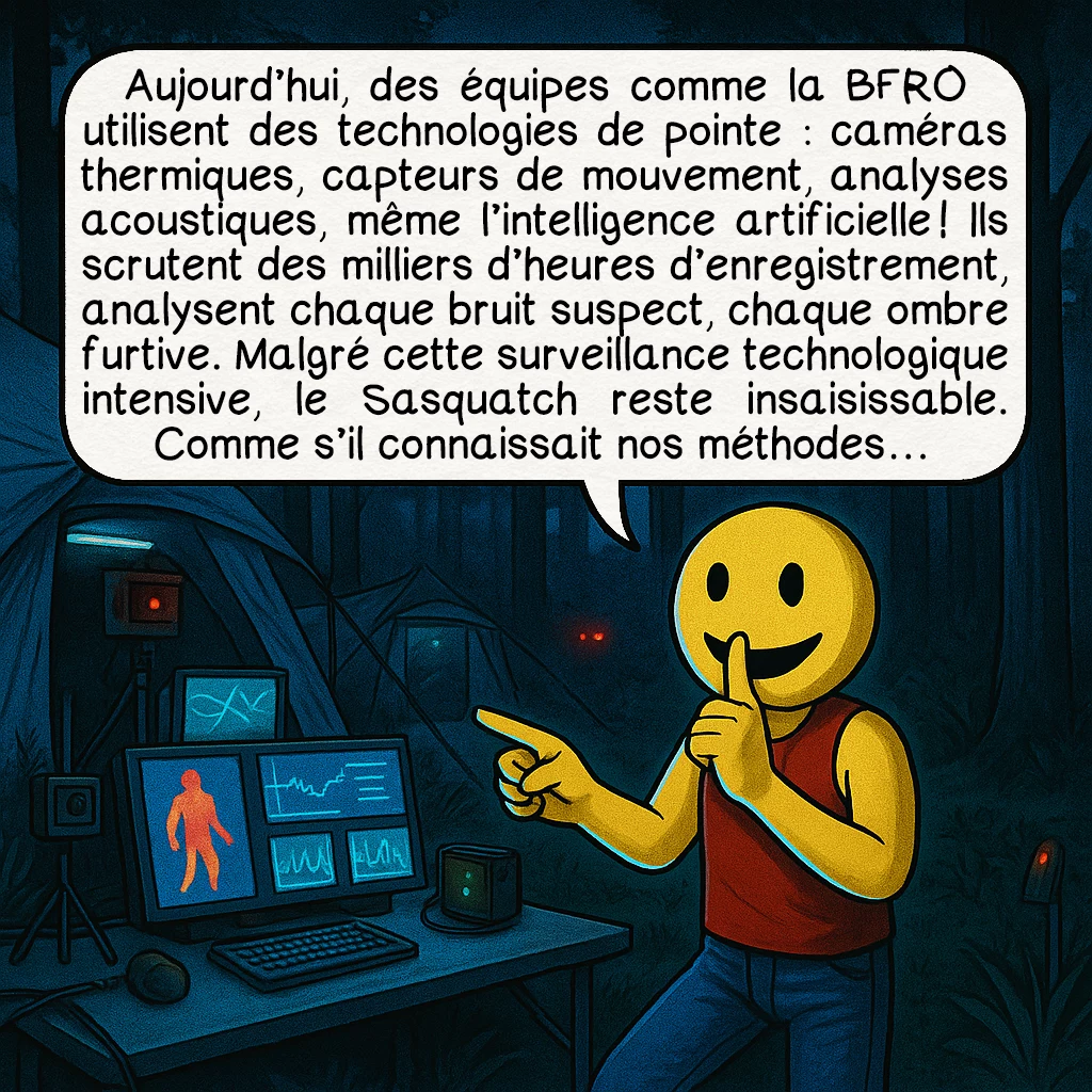 Le bigfoot, case 8 : Aujourd’hui, des équipes comme la BFRO utilisent des technologies de pointe : caméras thermiques, capteurs de mouvement, analyses acoustiques, même l’intelligence artificielle ! Ils scrutent des milliers d’heures d’enregistrement, analysent chaque bruit suspect, chaque ombre furtive. Malgré cette surveillance technologique intensive, le Sasquatch reste insaisissable. Comme s’il connaissait nos méthodes…