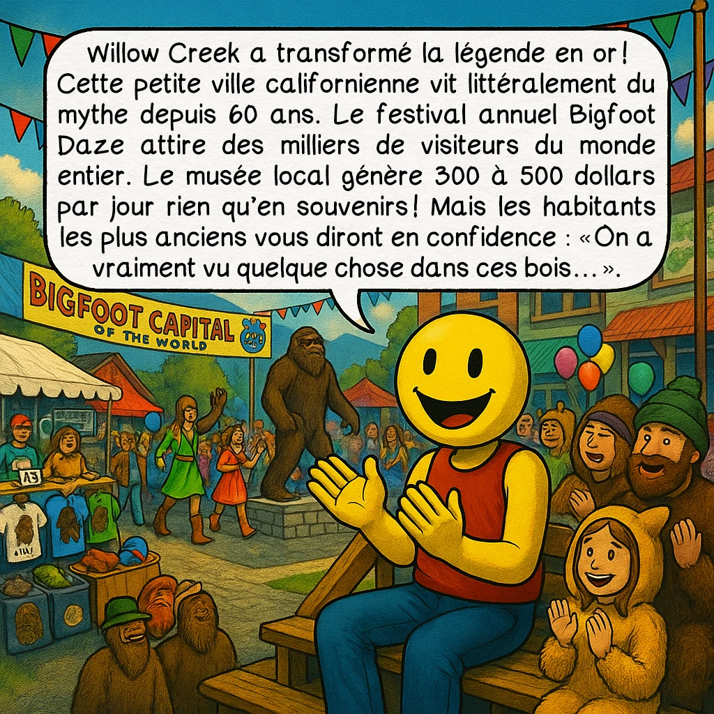 Le bigfoot, case 9 : Willow Creek a transformé la légende en or ! Cette petite ville californienne vit littéralement du mythe depuis 60 ans. Le festival annuel Bigfoot Daze attire des milliers de visiteurs du monde entier. Le musée local génère 300 à 500 dollars par jour rien qu’en souvenirs ! Mais les habitants les plus anciens vous diront en confidence : « On a vraiment vu quelque chose dans ces bois… ».