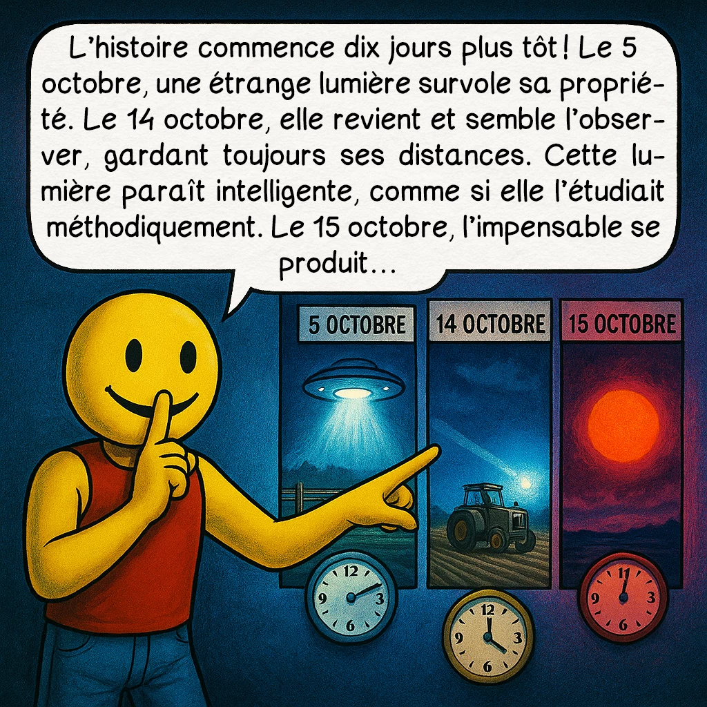 L’affaire Antonio Villas Boas, case 3 : L’histoire commence dix jours plus tôt ! Le 5 octobre, une étrange lumière survole sa propriété. Le 14 octobre, elle revient et semble l’observer, gardant toujours ses distances. Cette lumière paraît intelligente, comme si elle l’étudiait méthodiquement. Le 15 octobre, l’impensable se produit…