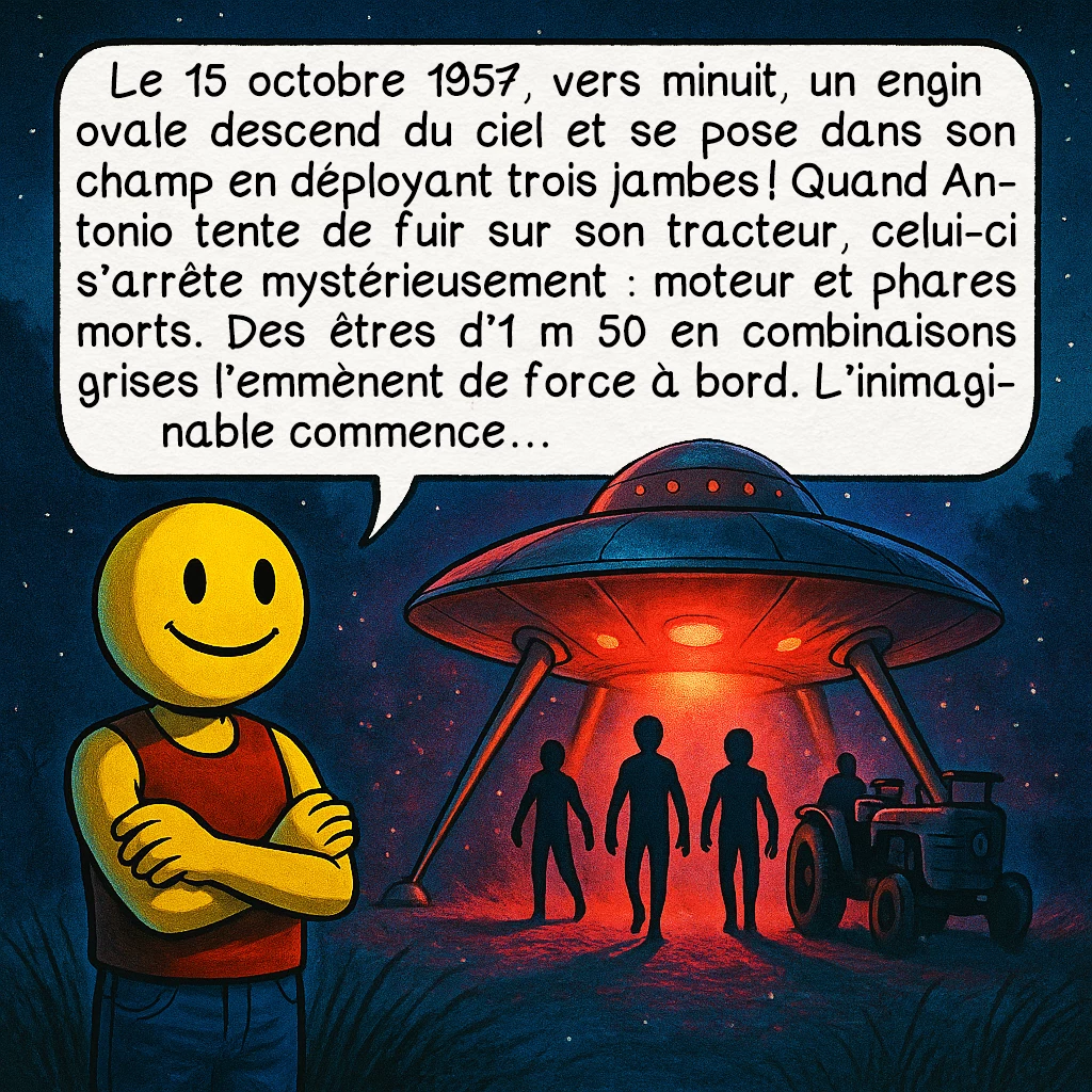 L’affaire Antonio Villas Boas, case 4 : Le 15 octobre 1957, vers minuit, un engin ovale descend du ciel et se pose dans son champ en déployant trois jambes ! Quand Antonio tente de fuir sur son tracteur, celui-ci s’arrête mystérieusement : moteur et phares morts. Des êtres d’1 m 50 en combinaisons grises l’emmènent de force à bord. L’inimaginable commence…