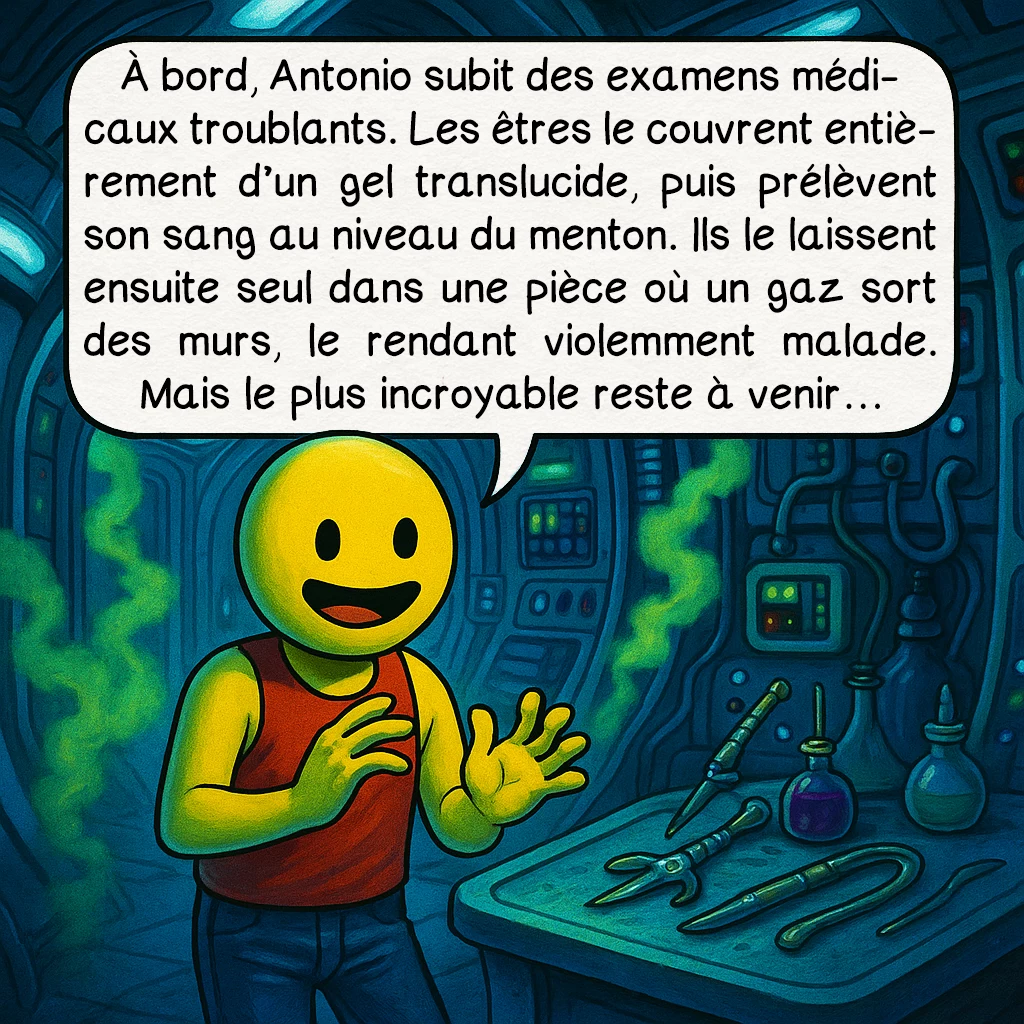 L’affaire Antonio Villas Boas, case 5 : À bord, Antonio subit des examens médicaux troublants. Les êtres le couvrent entièrement d’un gel translucide, puis prélèvent son sang au niveau du menton. Ils le laissent ensuite seul dans une pièce où un gaz sort des murs, le rendant violemment malade. Mais le plus incroyable reste à venir…
