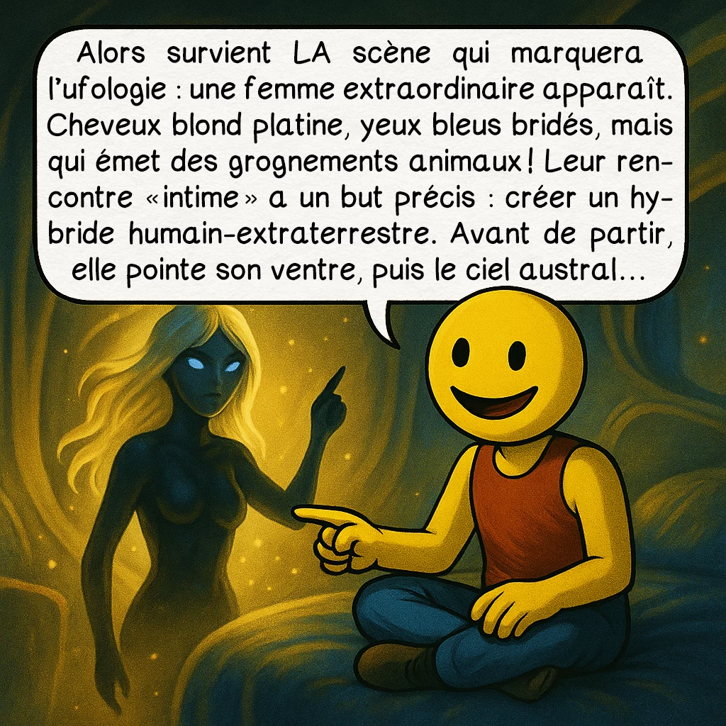L’affaire Antonio Villas Boas, case 6 : Alors survient LA scène qui marquera l’ufologie : une femme extraordinaire apparaît. Cheveux blond platine, yeux bleus bridés, mais qui émet des grognements animaux ! Leur rencontre « intime » a un but précis : créer un hybride humain-extraterrestre. Avant de partir, elle pointe son ventre, puis le ciel austral…