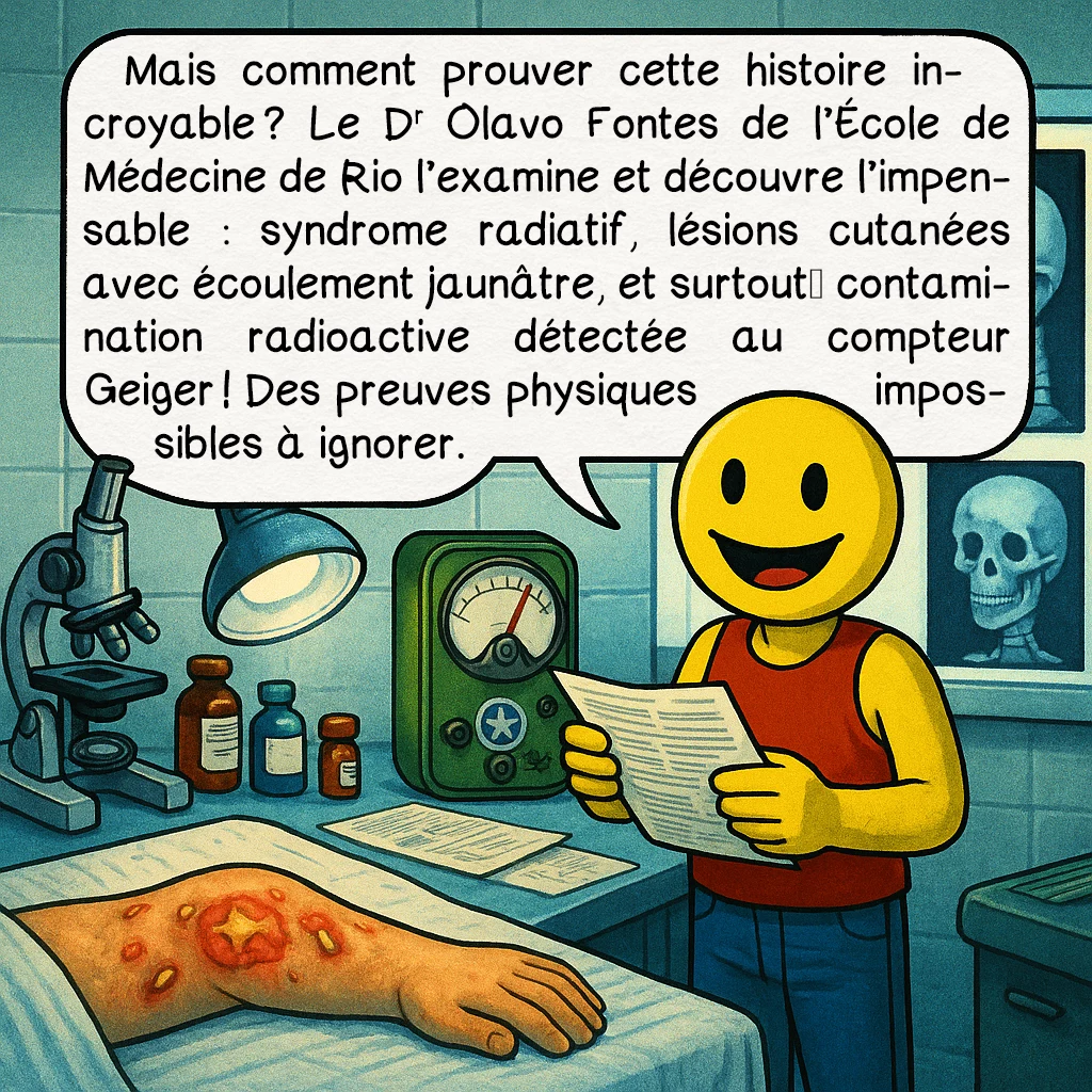 L’affaire Antonio Villas Boas, case 7 : Mais comment prouver cette histoire incroyable ? Le Dr Olavo Fontes de l’École de Médecine de Rio l’examine et découvre l’impensable : syndrome radiatif, lésions cutanées avec écoulement jaunâtre, et surtout… contamination radioactive détectée au compteur Geiger ! Des preuves physiques impossibles à ignorer.