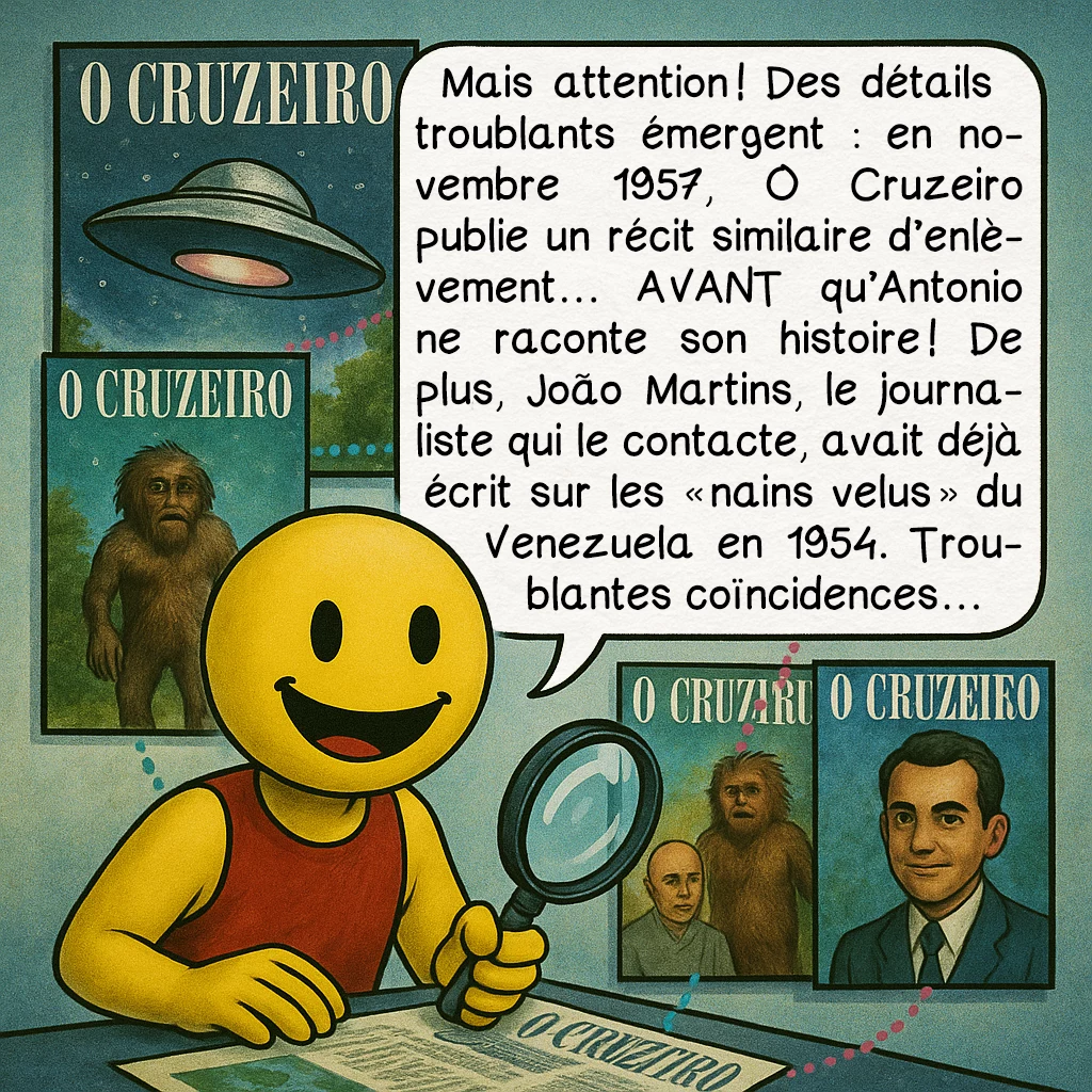 L’affaire Antonio Villas Boas, case 8 : Mais attention ! Des détails troublants émergent : en novembre 1957, O Cruzeiro publie un récit similaire d’enlèvement… AVANT qu’Antonio ne raconte son histoire ! De plus, João Martins, le journaliste qui le contacte, avait déjà écrit sur les « nains velus » du Venezuela en 1954. Troublantes coïncidences…