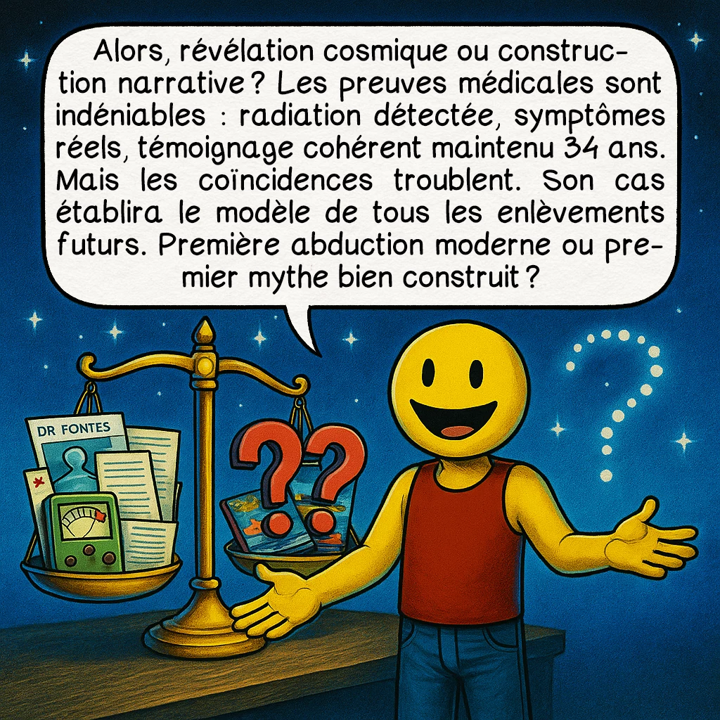 L’affaire Antonio Villas Boas, case 9 : Alors, révélation cosmique ou construction narrative ? Les preuves médicales sont indéniables : radiation détectée, symptômes réels, témoignage cohérent maintenu 34 ans. Mais les coïncidences troublent. Son cas établira le modèle de tous les enlèvements futurs. Première abduction moderne ou premier mythe bien construit ?
