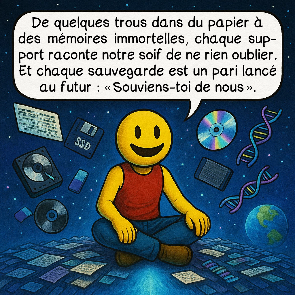 Les supports de stockage, case 10 : De quelques trous dans du papier à des mémoires immortelles, chaque support raconte notre soif de ne rien oublier. Et chaque sauvegarde est un pari lancé au futur :« Souviens-toi de nous ».