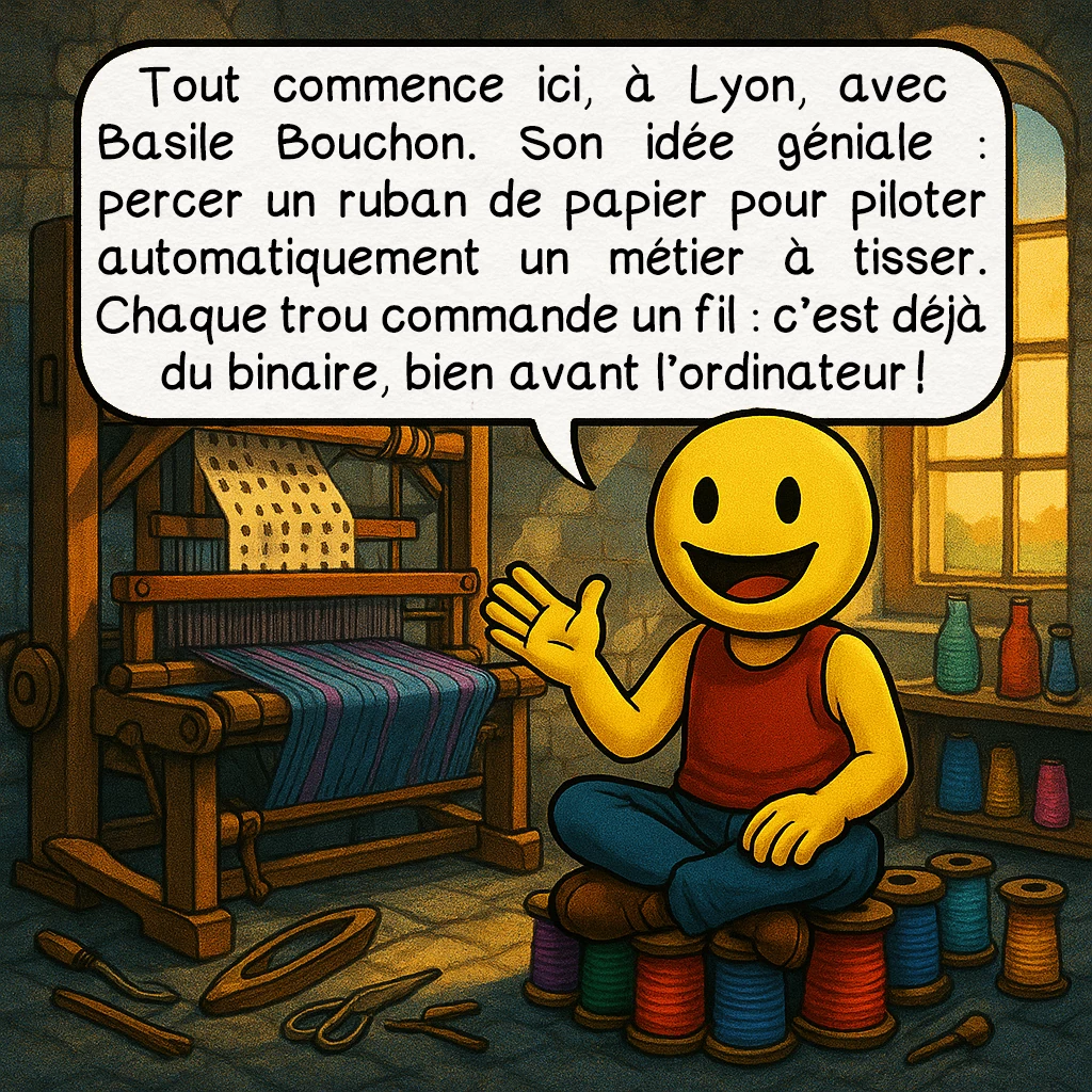 Les supports de stockage, case 2 : Tout commence ici, à Lyon, avec Basile Bouchon.Son idée géniale : percer un ruban de papier pour piloter automatiquement un métier à tisser.Chaque trou commande un fil : c’est déjà du binaire, bien avant l’ordinateur !